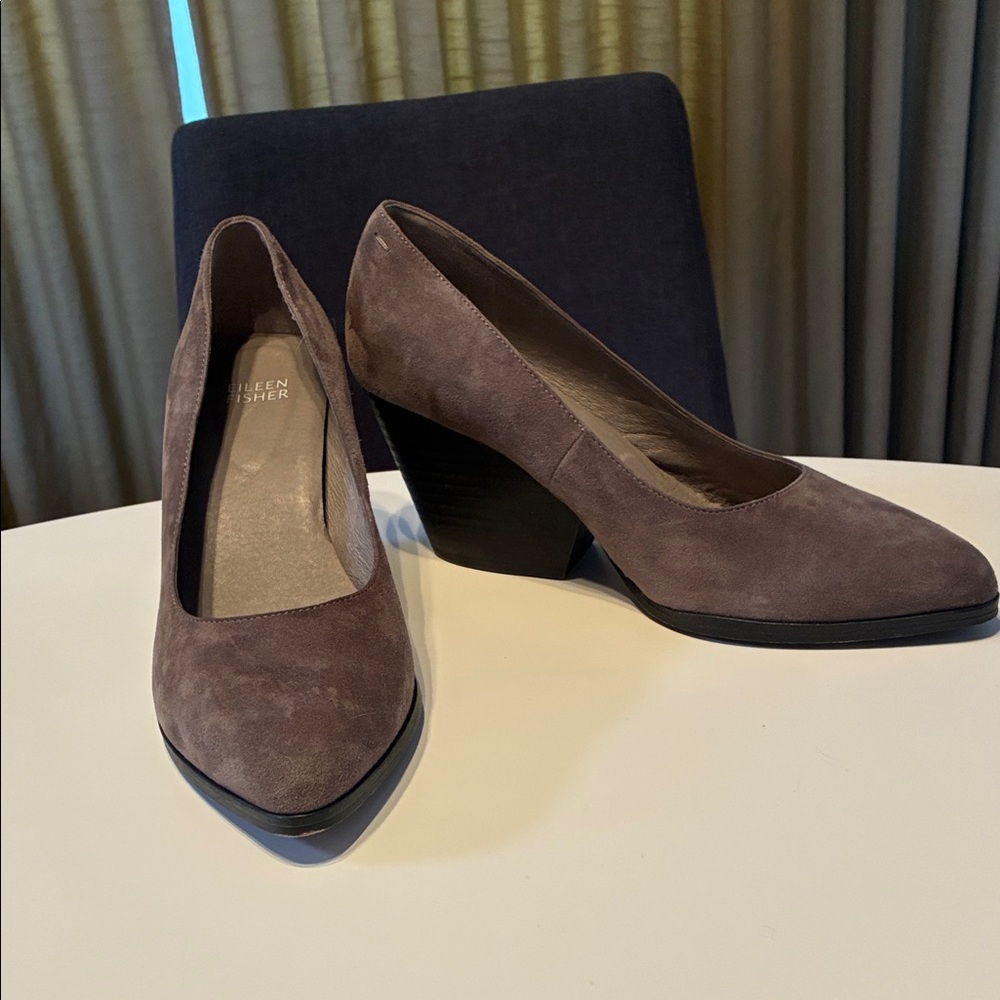 Eileen Fisher Suede Taupe Grey Wedge Block Heels